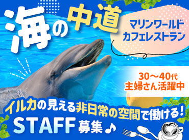 マリンワールドレストラン　レイリー レストランの一番の推しは目の前の大水槽！
可愛いイルカに癒されながら働けます◎
水族館ならではのかわいいメニューも★