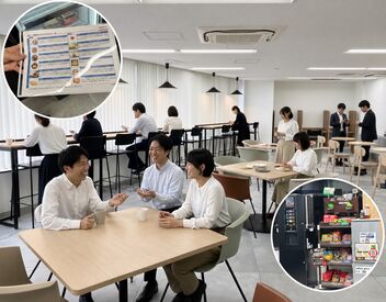 カケンテストセンター　北参道オフィス 2025年12月にオープンの新フィスでの募集!
フリースペースに加えて、お菓子(右下)やお弁当(左上)などの福利厚生も充実してます♪