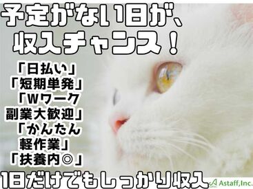 アスタッフ株式会社 大阪支社/af005 ★好きな日だけ働ける！
★勤務エリア×お仕事内容×時間が選べる！
★お給料は日払いでスグ受取！
★大阪難波～無料送迎有