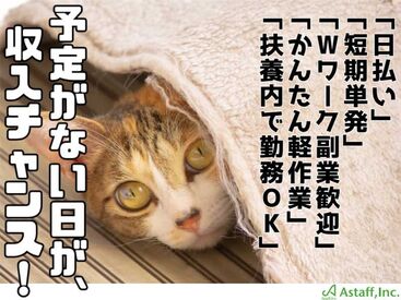 アスタッフ株式会社 尼崎支社/af003 短期間限定！サクッと稼げる☆
かんたんな作業なので未経験も大歓迎！
私服OK⇒おでかけついでにラクラク登録◎