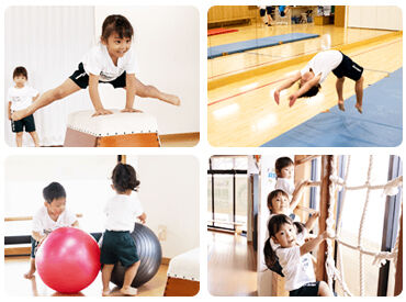 キンダートーネン広島 とぶ、まわる、バランス、のぼる遊びを通して子供たちを指導！
少人数のクラス編成なので指導しやすいです◎