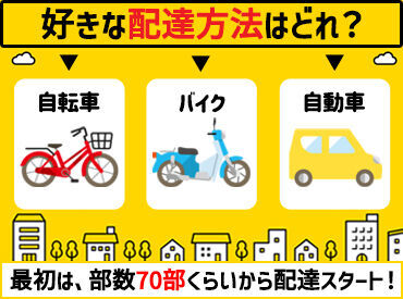 バイク・車・自転車のいずれかで配達OK!!
最初は丁寧に先輩たちが教えてくれるので安心◎